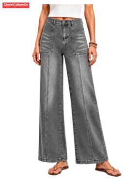 High Waisted Wide Leg Jeans Front Seam Utility Stretch Denim Pants